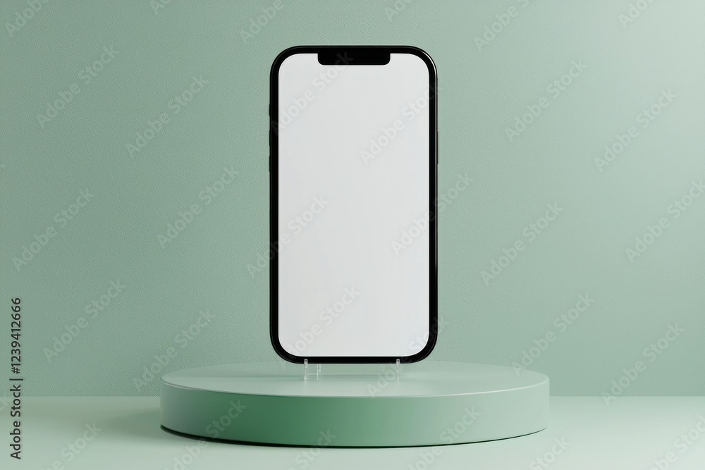 Poster mobile device displayed on a minimalist stand against a soft green backdrop, emphasizing its sleek d