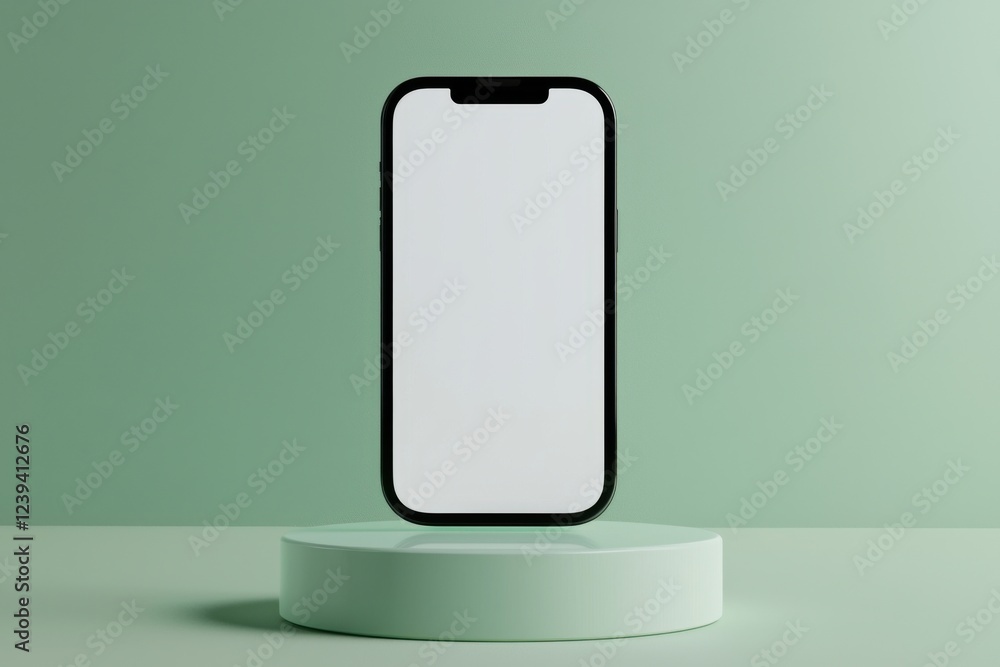 Poster display of a modern smartphone on a minimalistic pedestal against a soft green background showcasing