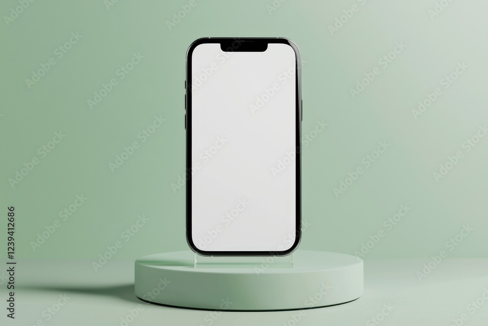 Poster modern smartphone displayed on a minimalistic pedestal against a soft green background, perfect for 