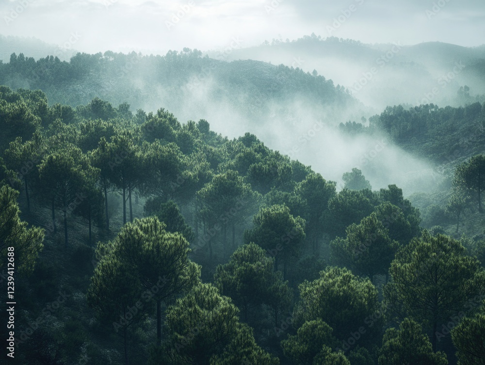 Poster a lush green forest with trees and a foggy atmosphere. the trees are tall and dense, creating a sens