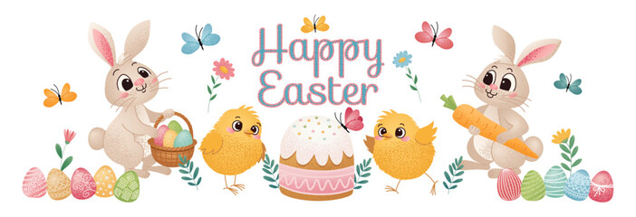Cute Easter bunnies with decorated eggs, baby chicks, and Easter cake surrounded by butterflies and flowers. Happy Easter Banner. Holiday design for greeting card, invitation, banner.