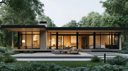 Fototapeta premium Modern minimalist house exterior with large windows, wooden floors and high ceilings. Designed for energy efficiency with a contemporary style.
