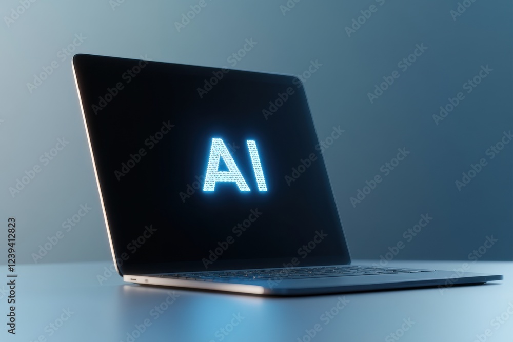 Poster laptop displaying glowing ai letters against a soft blue backdrop in a modern workspace emphasizing 