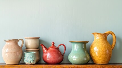 Colorful ceramic pitchers displayed on a wooden surface
