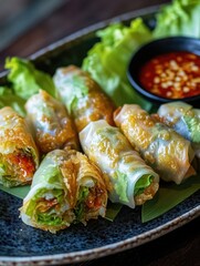 Close-up of a dark plate with neatly wrapped spring rolls, served with dipping sauce in ramekin and crisp lettuce. A gourmet, vegetable-filled appetizer with Asian flair.
