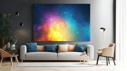 Modern living room with a cosmic-themed wall art