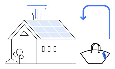 House with solar panels, renewable energy arrows, trees, eco shopping bag, downward arrow. Ideal for sustainability, eco-friendly, renewable energy, home improvements green living retail