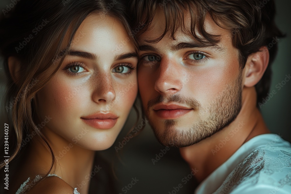Poster couple poses close together, capturing intimate connection in soft light highlighting their features