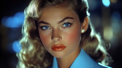 Striking portrait of a woman with blonde curls and bright blue eyes showcasing vintage beauty in a captivating nighttime setting