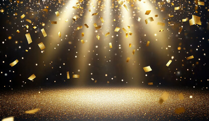 golden confetti rain on festive stage with light beam in the middle, empty room at night mockup with copy space for award ceremony, jubilee, New Year's party or product presentations