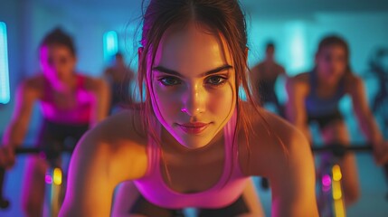 A cycling instructor leading an energetic group of participants in a high-intensity cycling class, with each participant focused on their workout on stationary bikes in a gym.