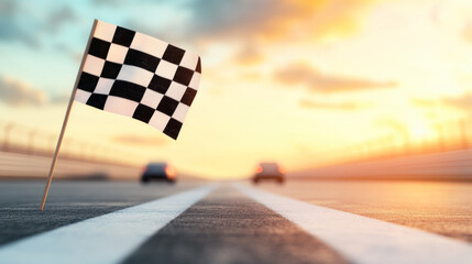 Waving Checkered Flag at a Racing Finish Line Against a Sunset Backdrop With Blurred Competing Cars
