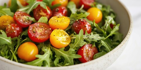A close-up of a fresh salad with mixed greens, red tomatoes and possibly other vegetables in a bowl. A healthy, colorful meal option.