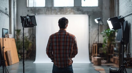 A photographer setting up lighting and a backdrop for an indoor fashion photoshoot, preparing the studio environment for a model's appearance