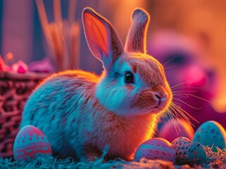 Spring's arrival: Detailed and crisp images of an Easter Bunny and eggs, illustrating the depth of field