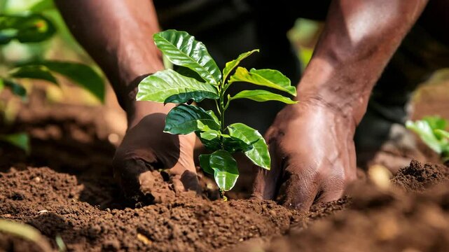 Closeup of hands working diligently to plant a green coffee sapling in nutrient rich soil surrounded by vibrant green foliage on a sunny day