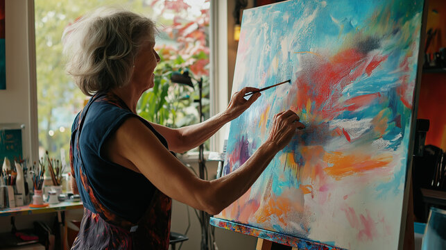 A senior woman joyfully paints on a canvas at home, embracing creativity and artistic expression in her retirement.