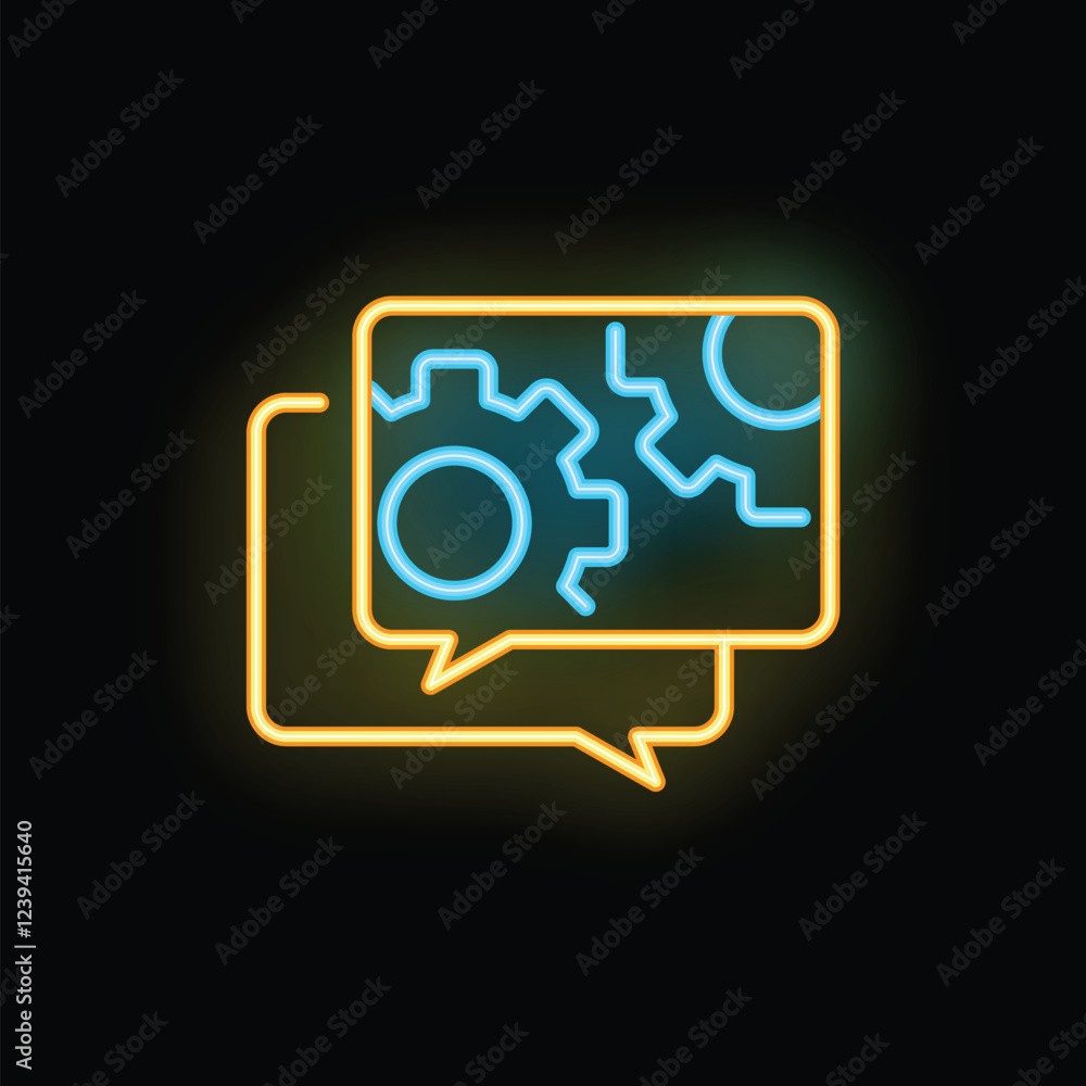 Poster neon icon of two speech bubbles with working gears inside, illustrating a technical support conversa