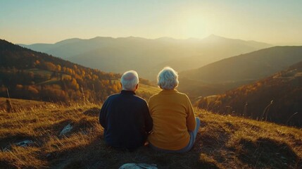 Fototapeta premium Seniors enjoying a sunset view over rolling hills during autumn in a peaceful mountain landscape