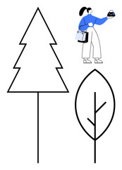Woman holding a smart device surrounded by minimalist tree outlines representing nature and technology. Ideal for technology, environmental awareness, innovation, apps, sustainability, modern life