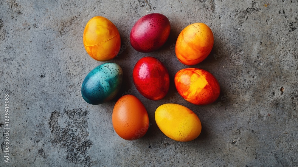 Aufkleber a row of colorful eggs are arranged in a circle on a grey surface. the eggs are of different colors,