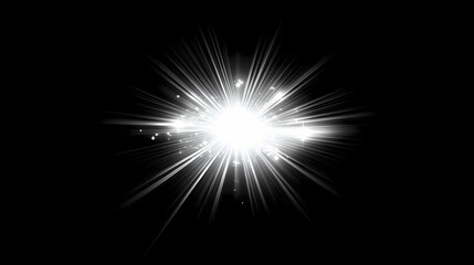 A bright light source with radiating rays and lens flare on a black background. Light Source. Illustration