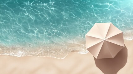 Naklejka premium Summer background with a beach parasol near the sea waves. top view, free copy space