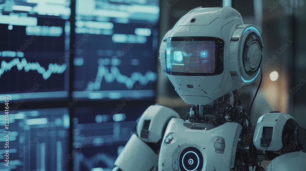 Poster Advanced artificial intelligence robot stands confidently in a sleek control room, analyzing complex data displayed on high-tech screens. It's a blend of technology and innovation in action