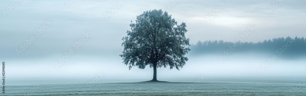 Poster a solitary tree rises in a vast fog-covered field during the early morning. the dense fog adds an et