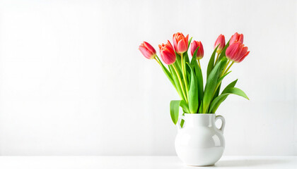 Obraz premium Pink tulips in a white vase against a white background