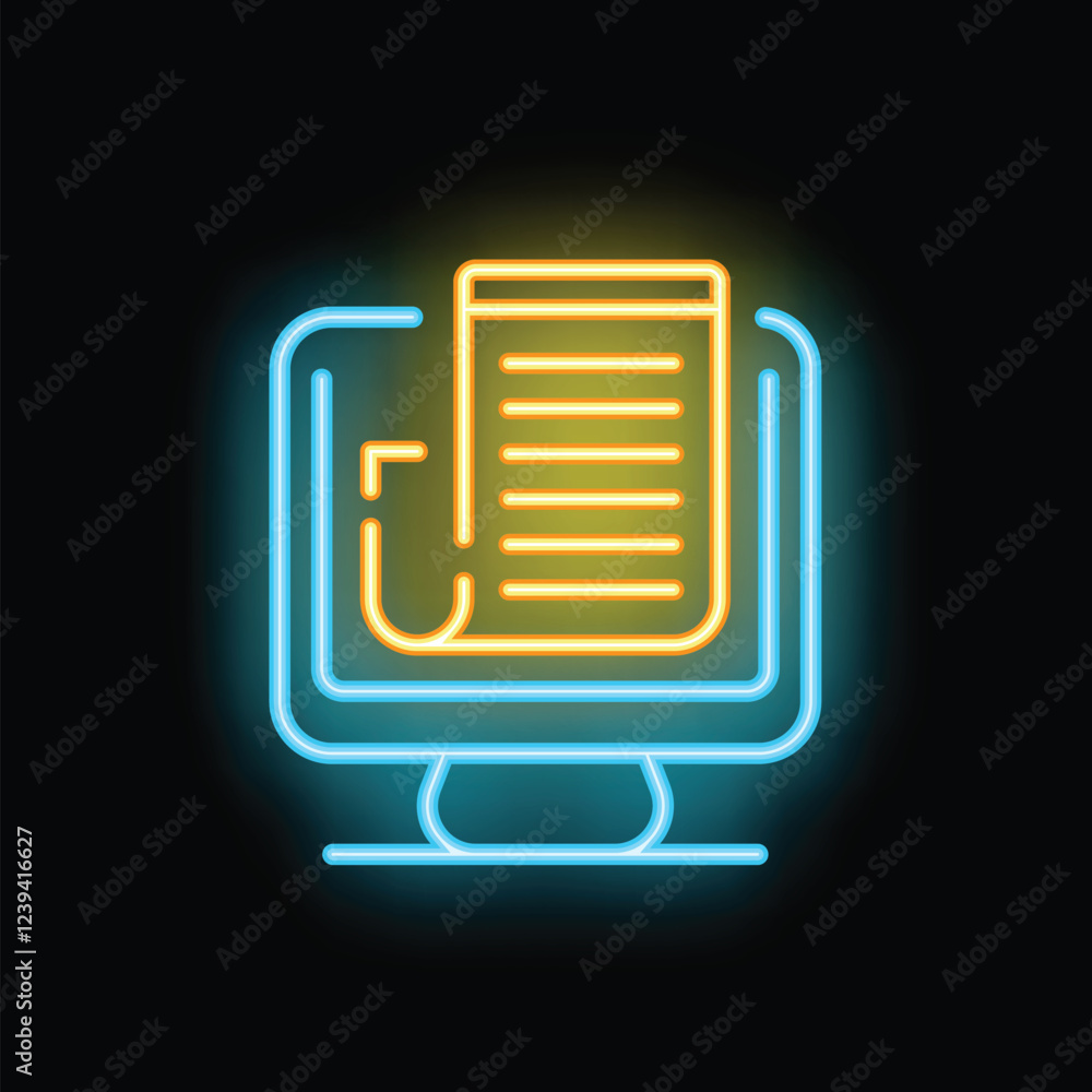 Aufkleber neon icon of online newspaper displaying on computer screen is glowing on a dark background