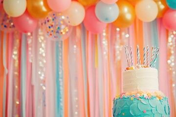 Magical birthday party decor with colorful balloons and a cake at sunset. Generative AI