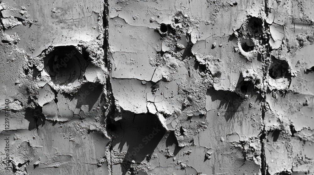 Poster textured wall shows damage from time and conflict, with craters and peeling paint highlighting its a