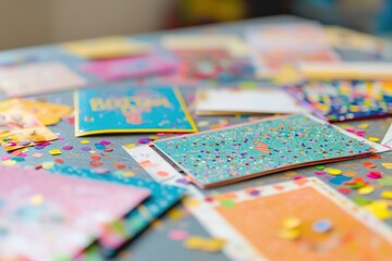 Colorful birthday card collection celebrating joy and togetherness with confetti. AI generated