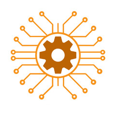 Mechanical gear icon with electronic circuit connections.