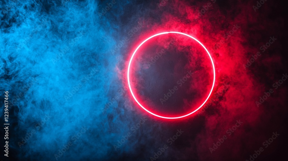 Poster red neon circle in blue and red smoke. abstract background for design
