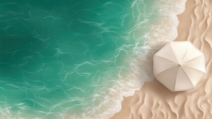 Obraz premium Summer background with a beach parasol near the sea waves. top view, free copy space
