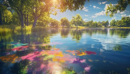 A serene lake reflecting Holi colors in the water with bright sunshine a?" q2,