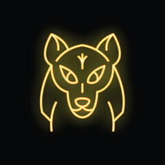 Neon sign showing the head of a wolf staring intensely, with glowing eyes and upright ears on a black background
