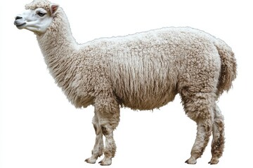 Fototapeta premium Isolated white background with medium grey alpaca Lama pacos