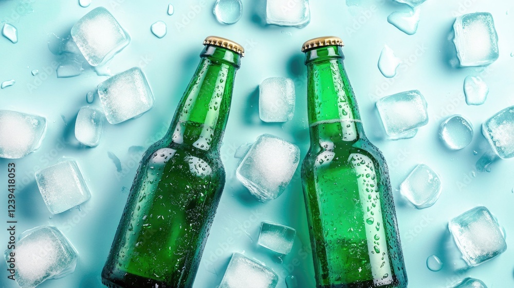 Poster two green bottles of beer with ice cubes in the background. scene is cool and refreshing