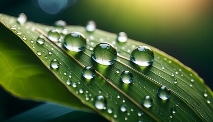 macro photography of water drops on a green leaf