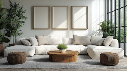 Cozy modern living room with natural accents and neutral colors, mockup