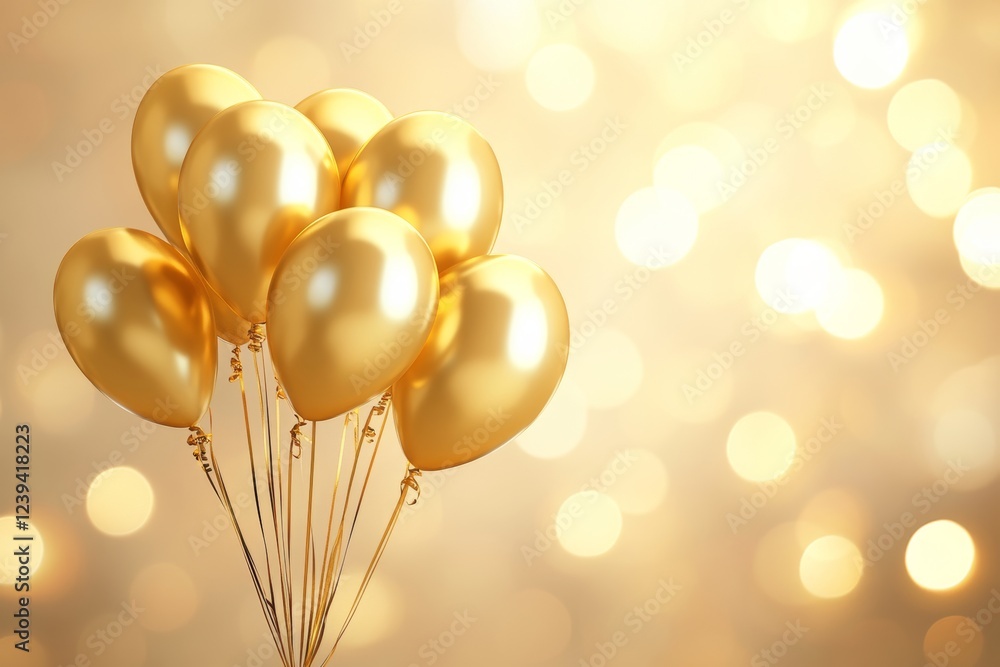 Aufkleber high-resolution 3d image of realistic gold helium balloons in front of a bokeh background. great for