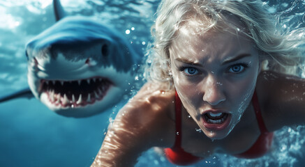 Shark Attack, swimmer in sea. Great white shark attacking a female swimmer 