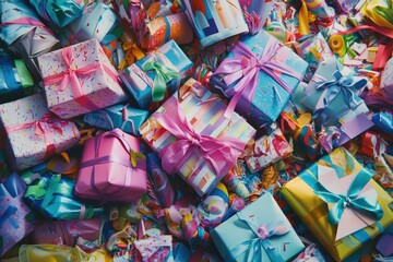 Fototapeta premium Colorful birthday gifts piled high create a festive atmosphere on a table. Generative AI
