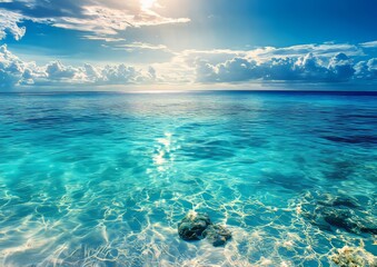 Obraz premium In a high-resolution aerial photograph, a mesmerizing blue ocean coral reef appears as a turquoise underwater sanctuary, taken by drone