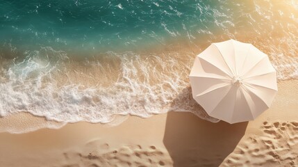 Obraz premium Summer background with a beach parasol near the sea waves. top view, free copy space