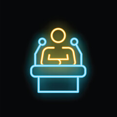 Neon sign of a politician giving a speech at a tribune, with blue and yellow colors on a black background