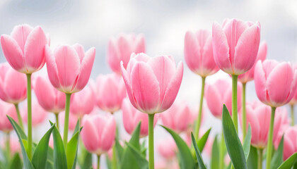Pink tulips blooming in a soft spring garden